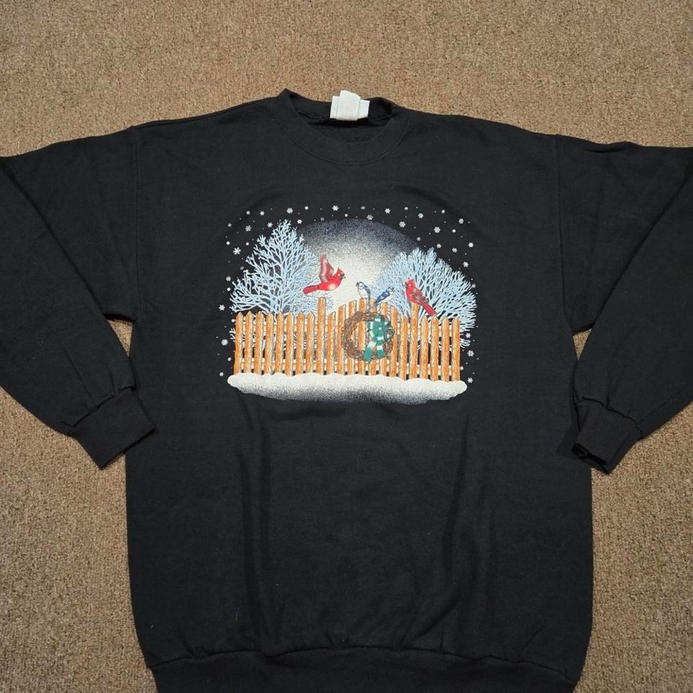 Women's Vintage Winter Birds Sweatshirt Cardinals & Blue Jays Made in USA L
